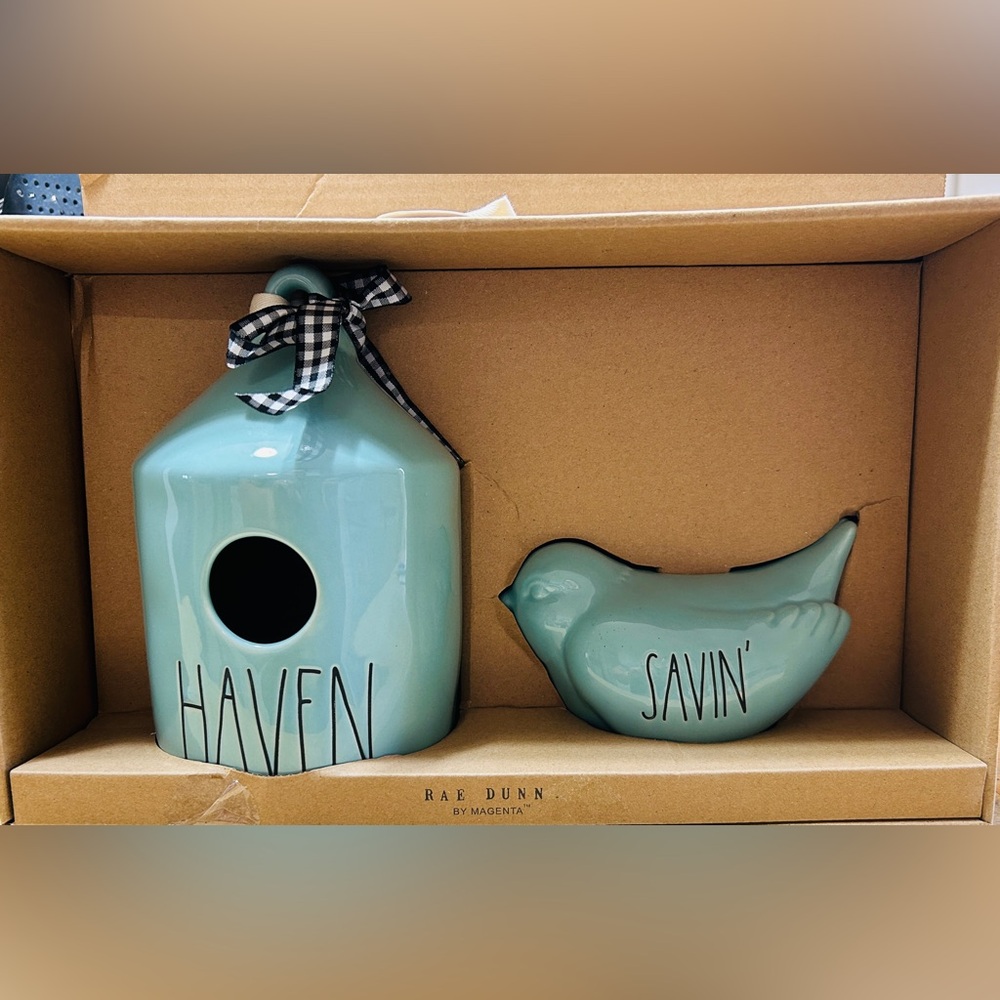 Rae Dunn birdhouse & bird bank, NEW in box. Pale blue with black letters. Cute!